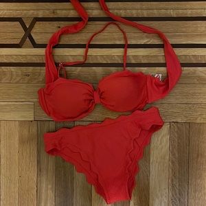 Cupshe red medium bikini. Bandeau. Removable halter strap.